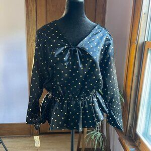 Vintage 80s Black Gold Satin Polka Dot Blouse Bow Peplum Holiday Party Top (NWT)